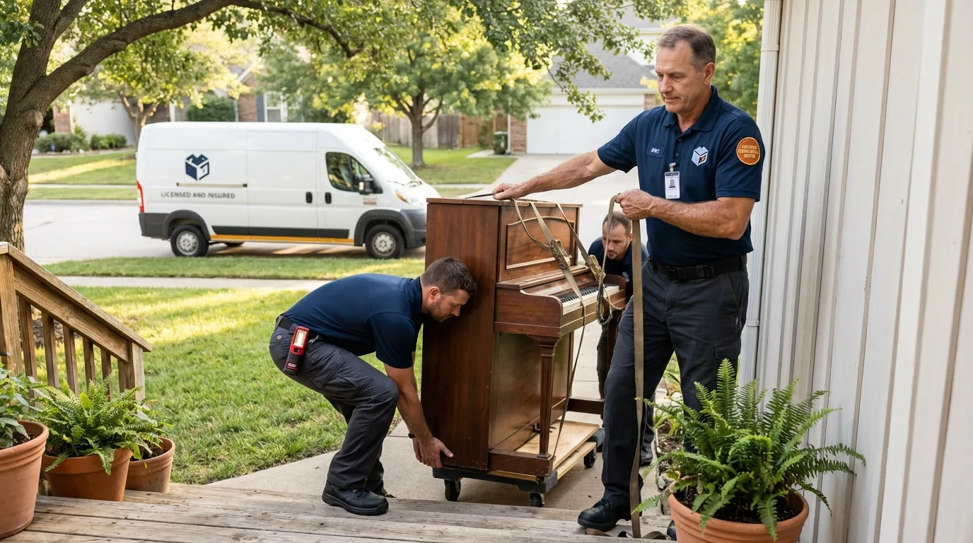 Licensed piano movers securing grand piano in Polk City, FL