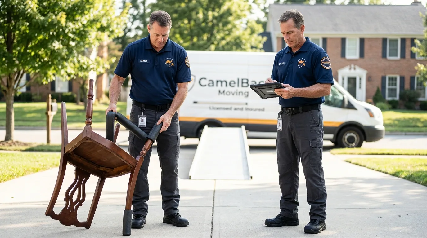 Movers inspecting furniture for damage prevention before loading in Polk City, FL