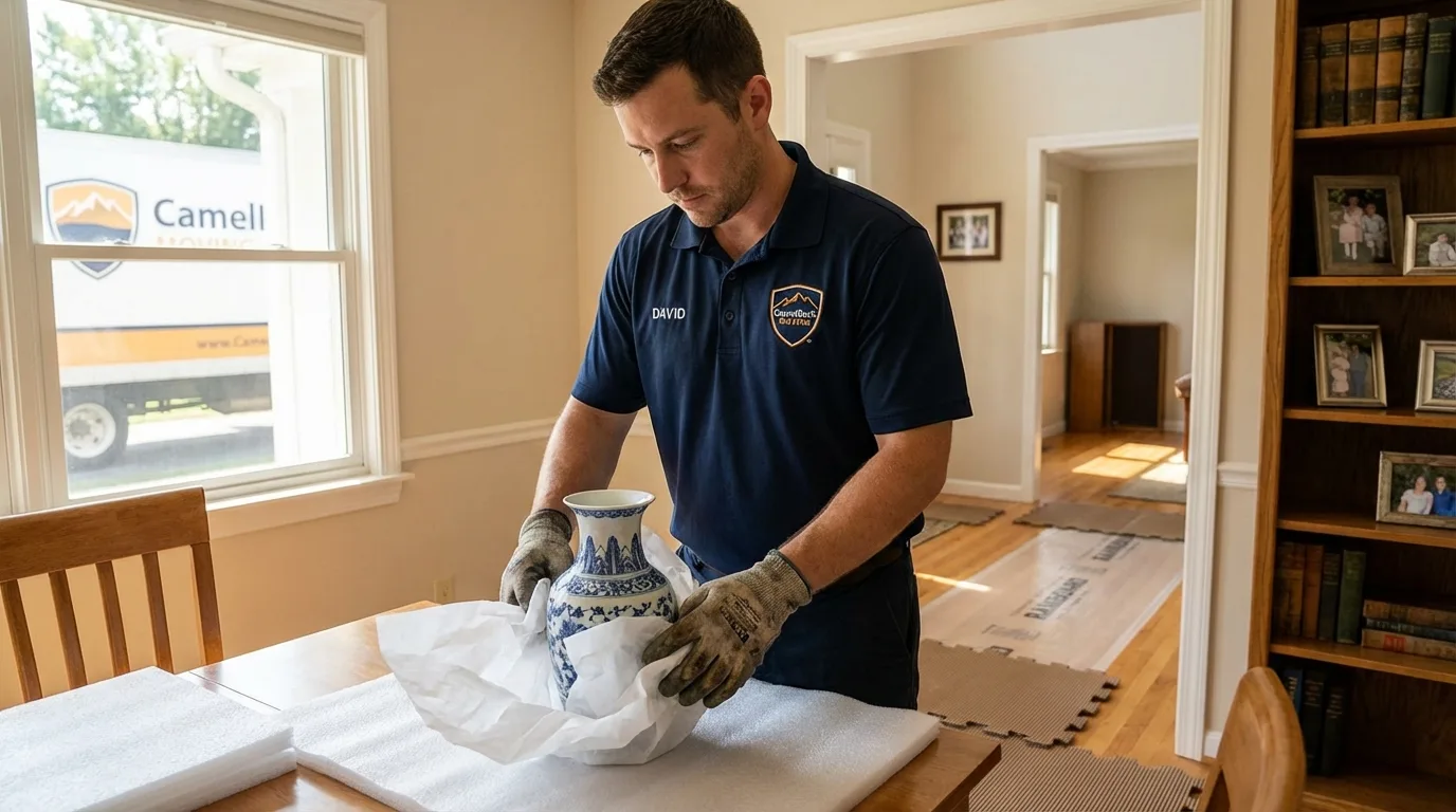 Professional crew carefully wrapping antique vase for senior downsizing move in Polk City, FL